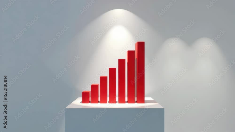 Poster a red 3d bar graph with ascending columns is displayed on a pedestal under spotlights.