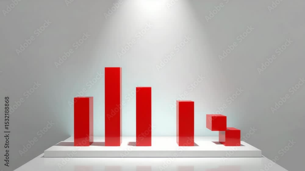 Poster a 3d red bar chart with four ascending columns stands on a white platform in a minimal, well-lit roo