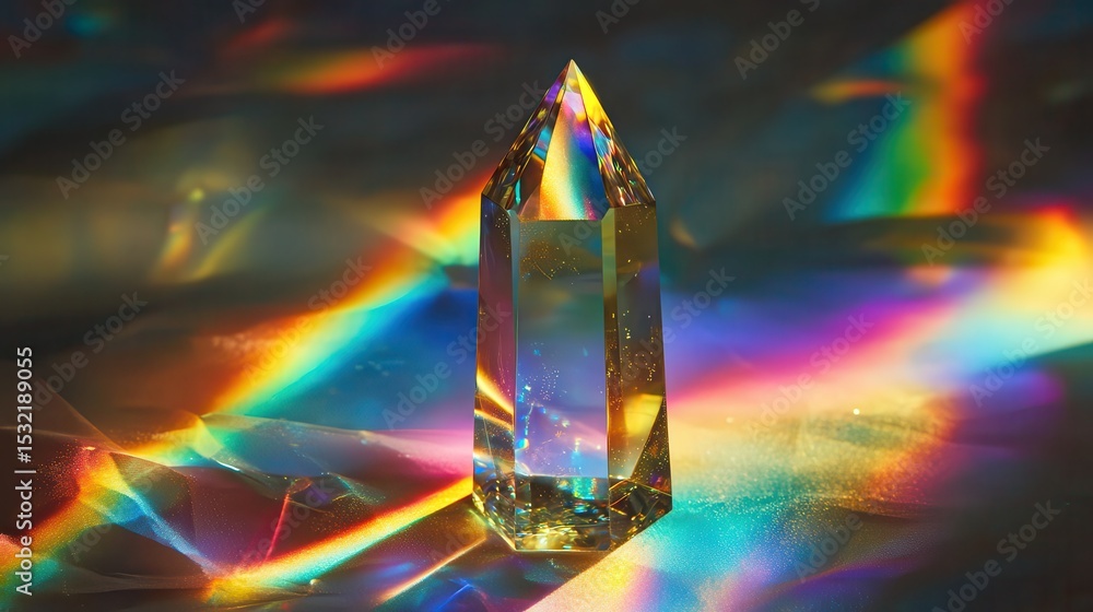 Aufkleber illuminated crystal point casting rainbow light patterns on a surface in a dark environment