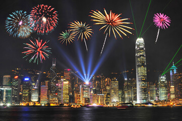 Night view and fireworks at victoria harbour, Hong Kong