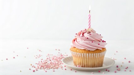 Delicious Pink Birthday Cupcake with Candle and Sprinkles Festive Treat