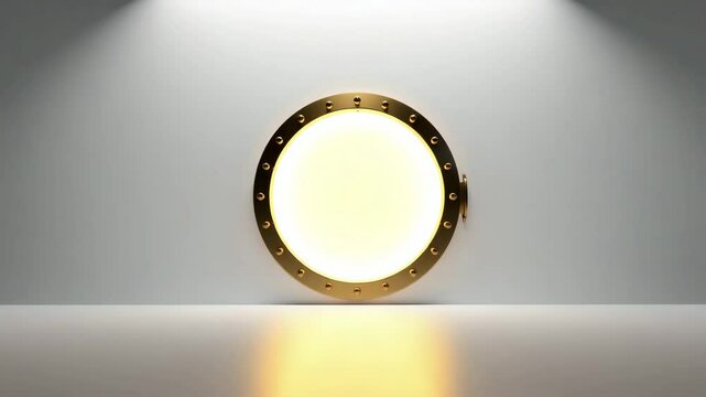A golden circular porthole with warm lighting is mounted on a minimalist white wall under focused illumination.