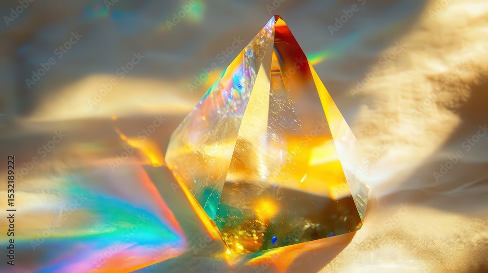 Aufkleber illuminated crystal prism refracting light creating rainbow spectrum and golden light reflections ar