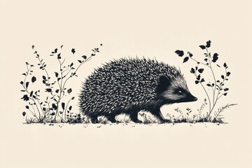 Obraz premium Hedgehog wandering through a garden filled with wildflowers during early morning light in a tranquil setting