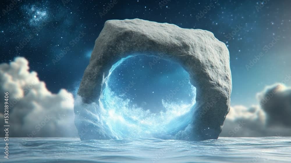 Aufkleber mystical stone portal: a surreal image of a massive stone formation hovering above calm waters. a vi