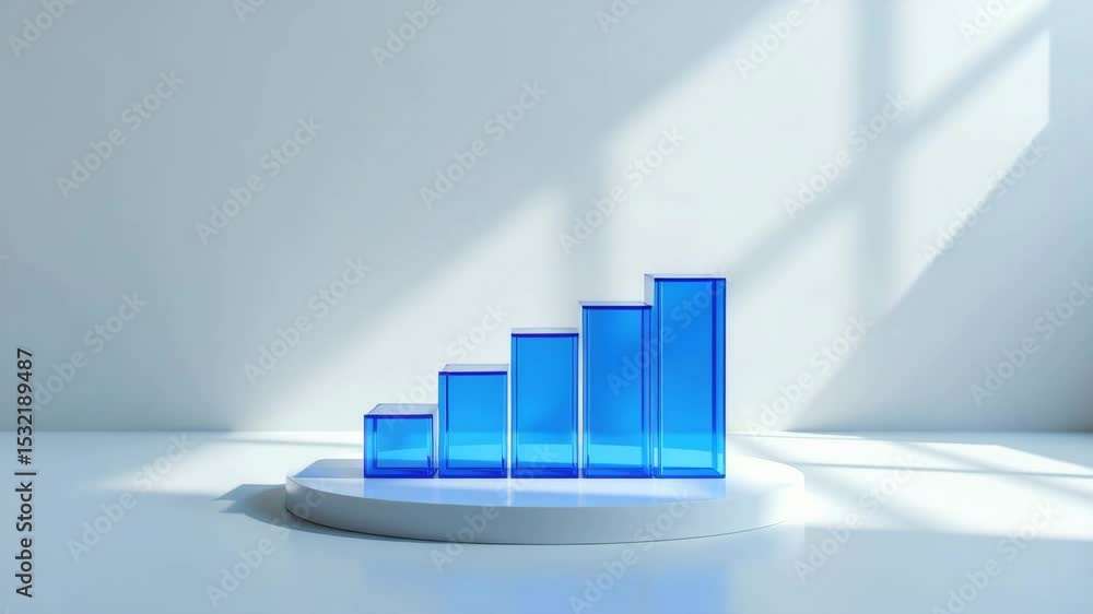Poster a 3d blue transparent bar graph with five ascending columns displayed on a white circular platform, 