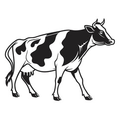 A stylized black and white cow walks gracefully to the right side in simplicity