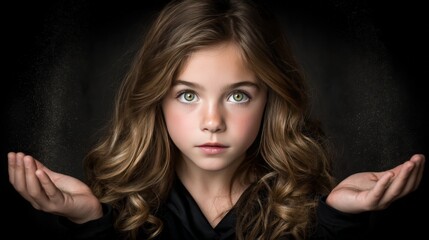 Fototapeta premium Close-up portrait of a young woman with wavy brown hair and green eyes against a dark background