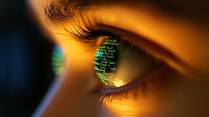 Close-up of an eye reflecting code