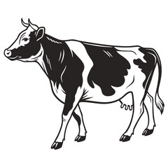 Black and white spotted cow is walking peacefully in a farm field today