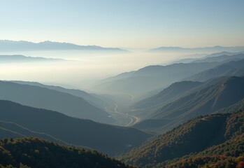 drone view of summer smog trapped in valley between mountains, city barely visible under thick polluted air, dramatic and alarming tone.