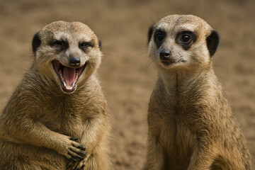 Two meerkats laugh with wide open mouths standing on dry ground during a lighthearted moment of absurd joy and natural emotion