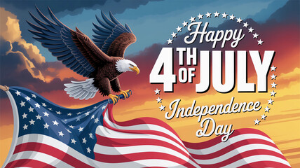 Happy fourth of july independence day celebration with american flag and bald eagle illustration design