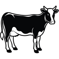 Black and white stylized cow stands against a plain background in this animal drawing