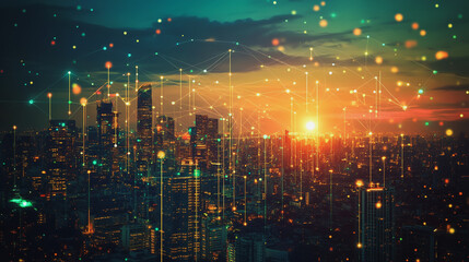 Fototapeta premium Smart city with connection network reciprocity over the cityscape social media networking systems that connects on the peak of success amid tall, innovative Smart city and graphs with statistics