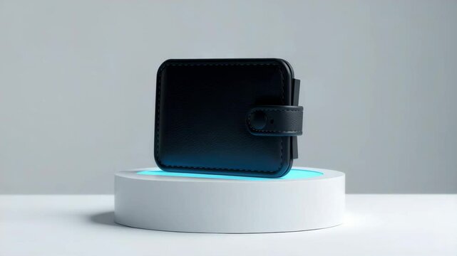 A black leather wallet with a button clasp is displayed on a round white pedestal with blue lighting.