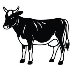 A displays a black and white cow with outlined spots, standing calmly