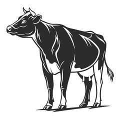 Black and white Holstein cow stands calmly, its body facing sideways in monochrome