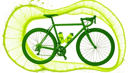 A green bicycle is surrounded by a vibrant lime slice. The bike features two water bottles and a sleek design, emphasizing eco-friendly transportation.