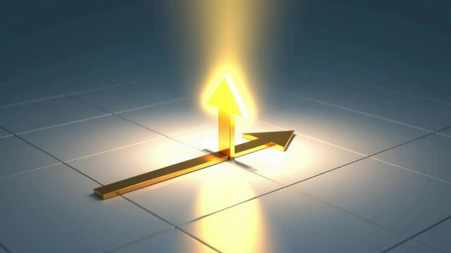 A golden arrow splits into two directions on a tiled surface, symbolizing decision or choice.