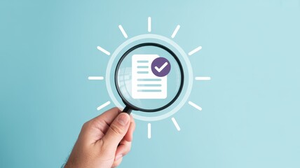Fototapeta premium Hand holding a magnifying glass focused on a document icon with a check mark.