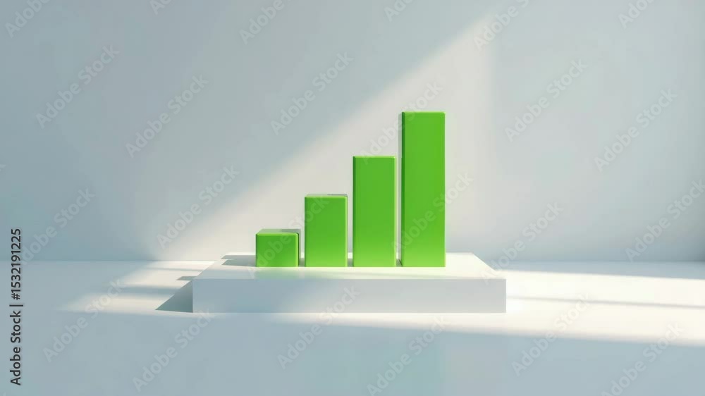 Poster a green 3d bar graph with four rising columns sits on a white platform in a brightly lit minimalisti