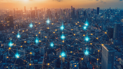 Smart city with connection network reciprocity over the cityscape social media networking systems that connects on the peak of success amid tall, innovative Smart city and graphs with statistics