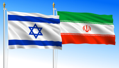Israel vs Iran, waving flags on a sky blue background, illustration