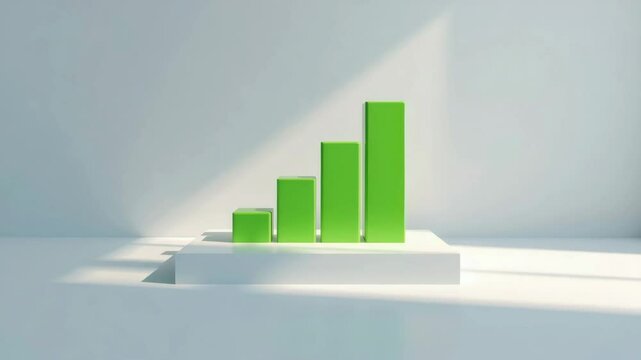 A green 3D bar graph with four rising columns sits on a white platform in a brightly lit minimalistic room.
