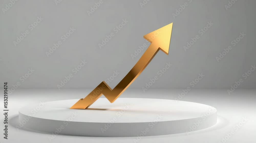 Poster a golden upward-pointing arrow with a zigzag design stands on a circular white platform, symbolizing