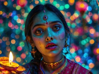 Indian Woman Holding Diya Lamp with Traditional Dress and Celebration Bokeh