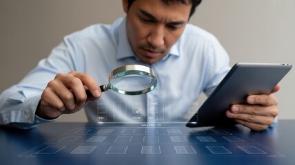 Person using a magnifying glass to examine a digital interface.