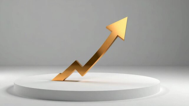 A golden upward-pointing arrow with a zigzag design stands on a circular white platform, symbolizing growth or increase.
