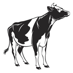 Black and white cow silhouette stands with its head lifted up in this art