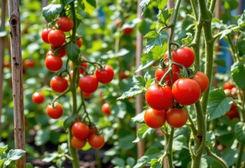 Obraz premium tomato plants heavy with red fruit, supported by wooden stakes, green vines thriving in summer heat, vegetable garden full of life and sunshine.