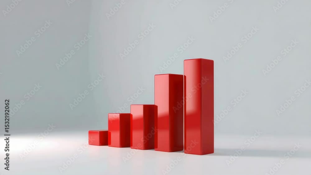 Poster a 3d red bar graph with four ascending columns on a light gray background.