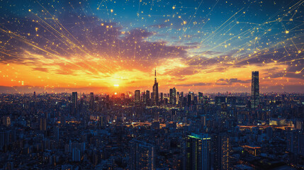 Fototapeta premium Smart city with connection network reciprocity over the cityscape social media networking systems that connects on the peak of success amid tall, innovative Smart city and graphs with statistics