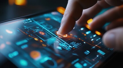 Hand interacting with futuristic tablet interface