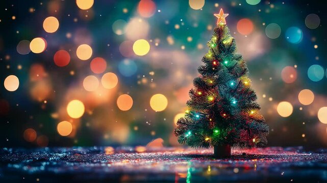 Brightly decorated Christmas tree with colorful lights against a festive background