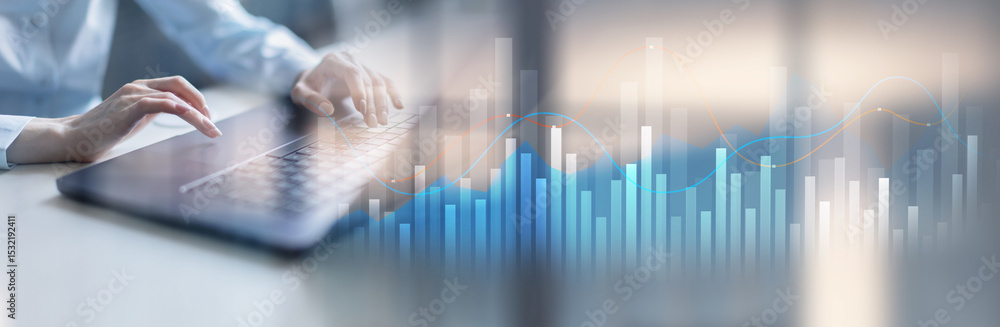 Poster trading and market analysis with data visualization on a wide banner, business and technology concep