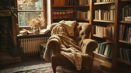 A quaint reading nook with an overstuffed armchair, a knitted blanket draped over the back, and a wooden bookshelf filled with well-worn books.