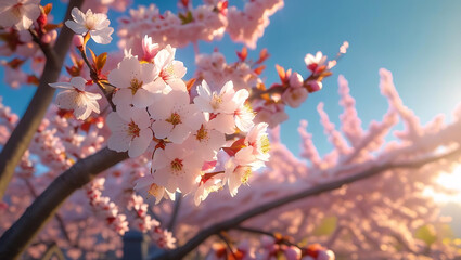 Pink Cherry Blossoms Blooming on a Branch in Spring Garden