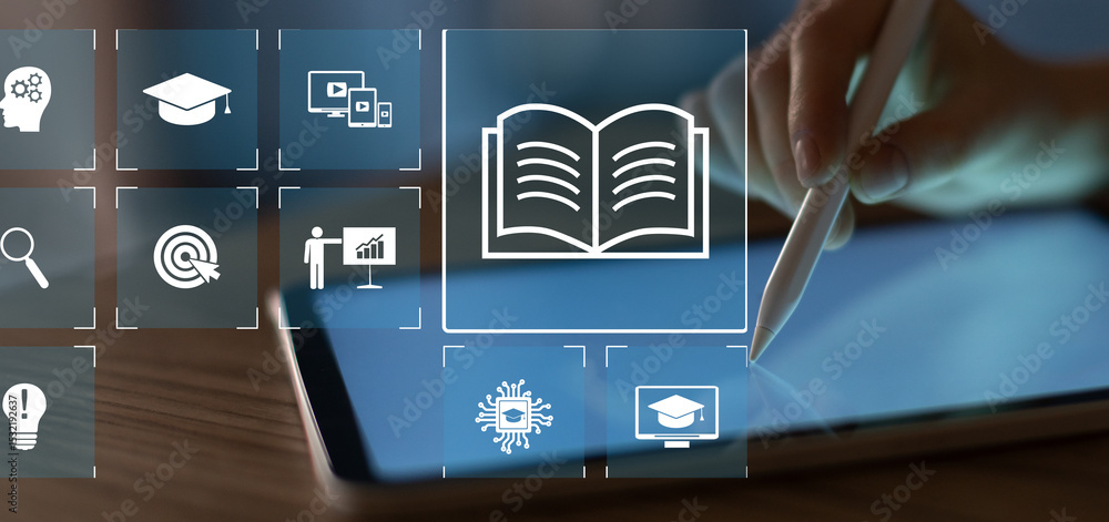 Poster digital learning and educational resources accessed on a touchscreen device in a modern environment.