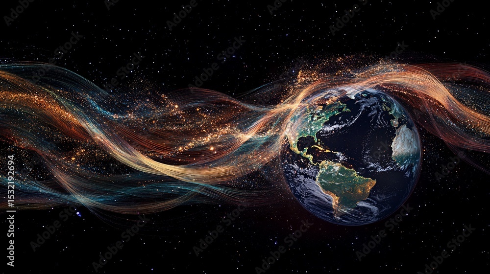 Aufkleber global connectivity: earth with digital network waves in outer space