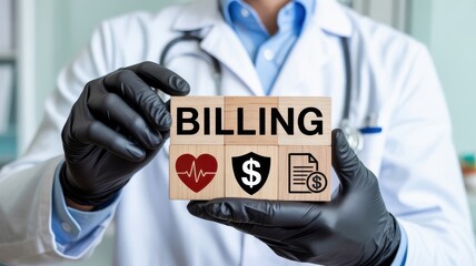 Healthcare professional holding wooden blocks spelling billing with related healthcare symbols.