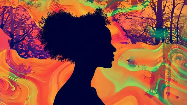 Silhouette of a woman with curly hair against a vibrant, colorful abstract background. The scene conveys a sense of creativity and individuality. Generative 4k video.