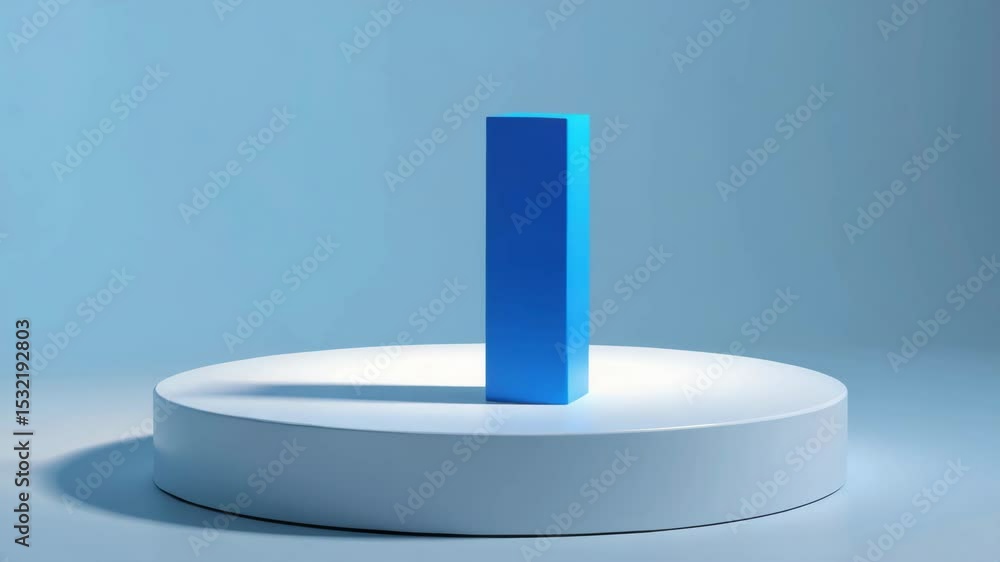 Poster a tall blue rectangular block stands on a white circular platform against a soft blue background.