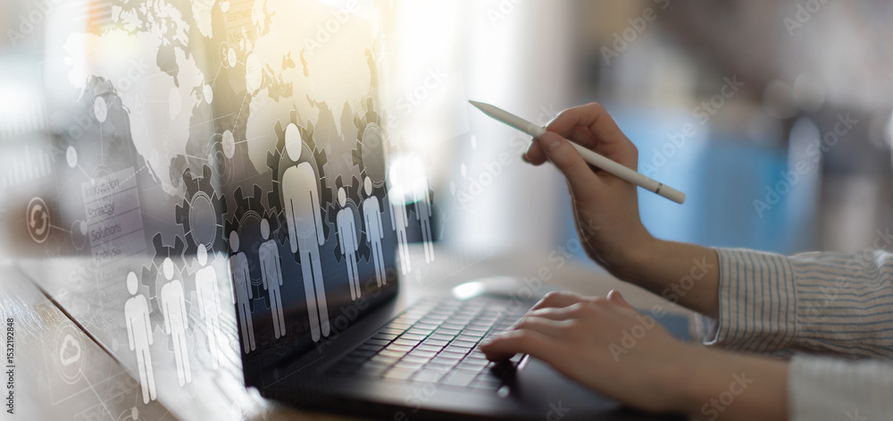 Poster global human resources management and workforce analytics on a digital interface.