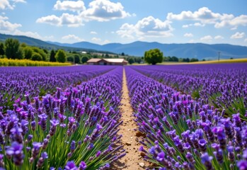 Naklejka premium field of lavender blooming in rows, vibrant purple flowers under cloudless sky, essential oil farm in summer peak.
