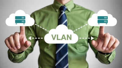 Cloud-based virtual local area network interaction depicted by a person.